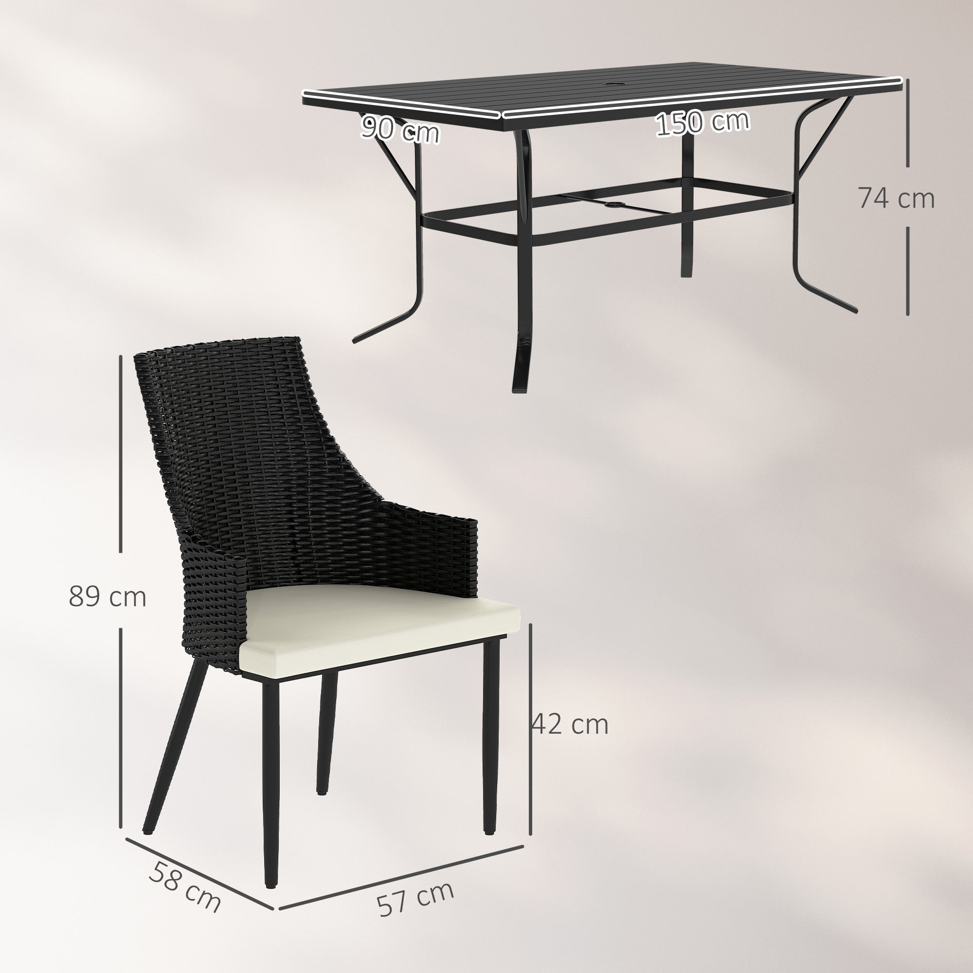 Outsunny 6 Seater Rattan Dining Set with Cushions, Garden Furniture Set with Armchairs, Rectangle Slatted Table Top, Steel Frame, Parasol Hole, Wicker Outdoor Furniture for Patio, Balcony, Cream White 