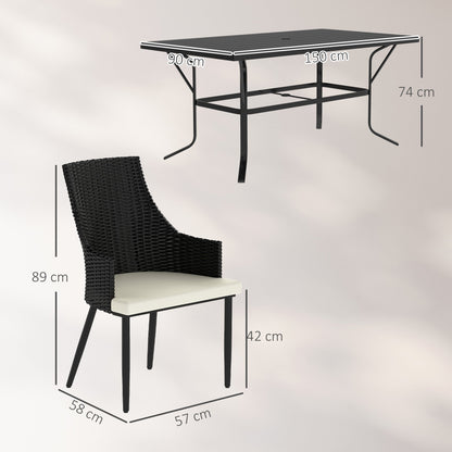 Outsunny 6 Seater Rattan Dining Set with Cushions, Garden Furniture Set with Armchairs, Rectangle Slatted Table Top, Steel Frame, Parasol Hole, Wicker Outdoor Furniture for Patio, Balcony, Cream White 