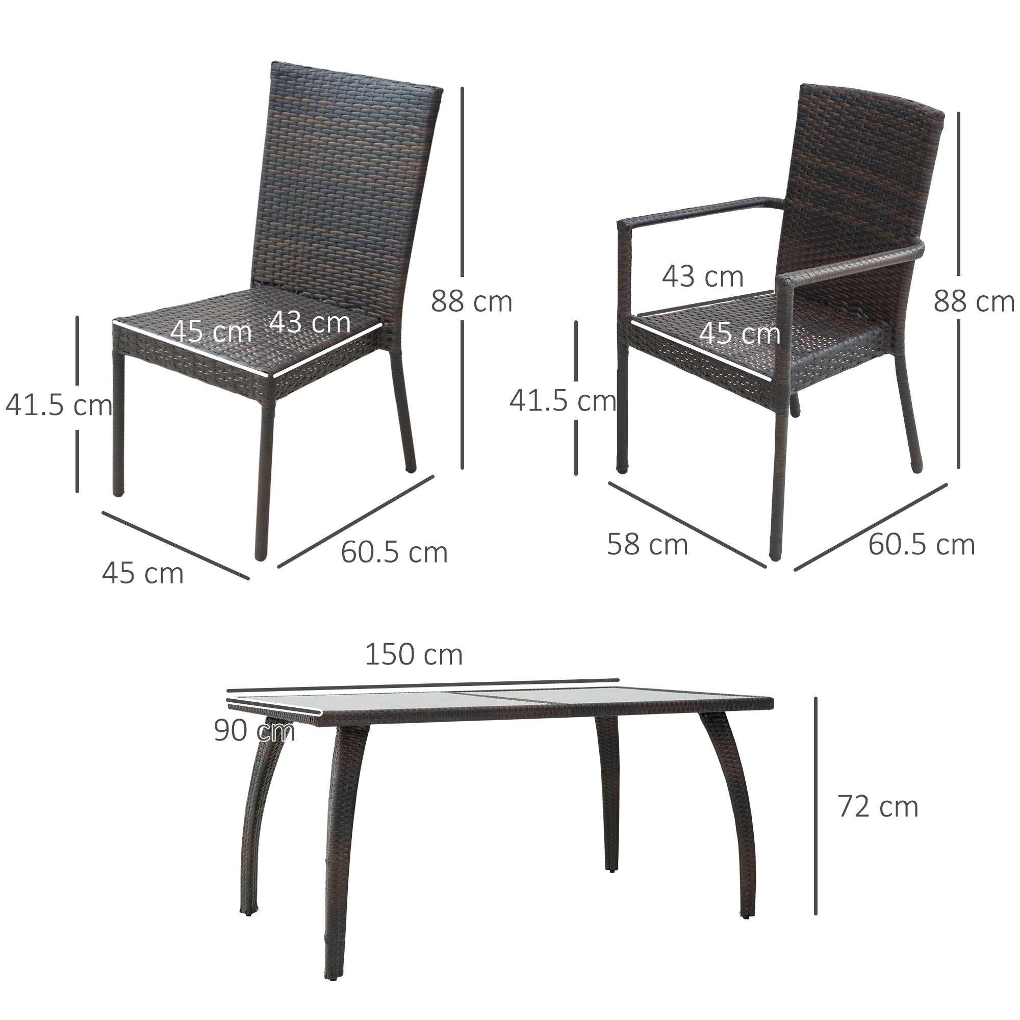 Outsunny 6 Seater Rattan Dining Set with Cushions, Rattan Garden Furniture Set, Outdoor Dining Table and Chairs with 6 Stackable Armchairs, Rectangular Glass Top Table for Patio, Balcony, Brown 