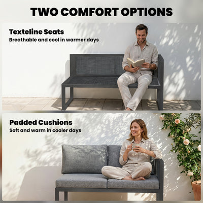 Outsunny 6 Seater Metal Garden Furniture Corner Sofa Set with 3 Loveseats, Faux Wood Table, Texteline Seat, Cushions, Dark Grey 