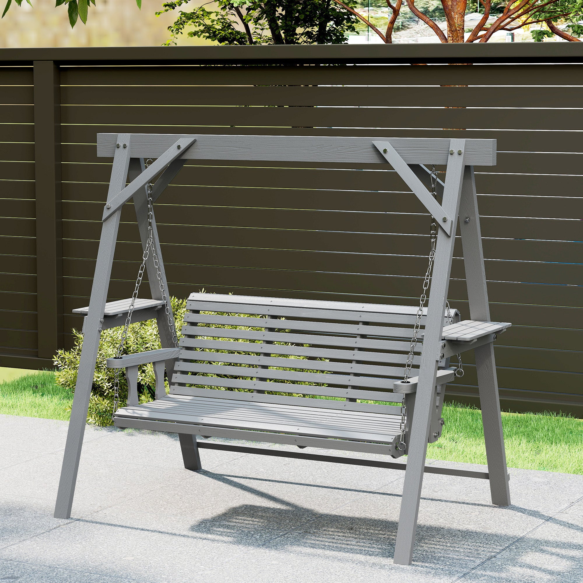 Outsunny Three-Seater Wooden Swing Bench, Dark Grey 