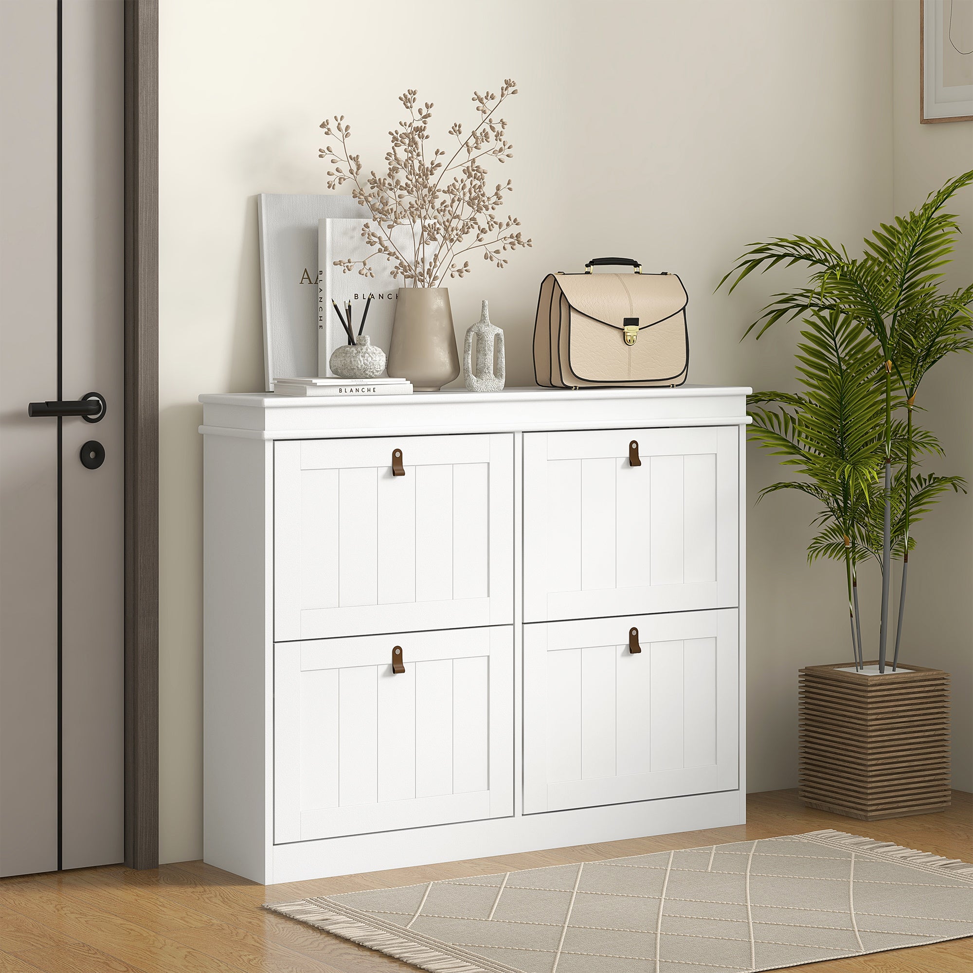 HOMCOM Slim Shoe Cabinet, Shoe Cabinet with 4 Drop-Down Drawers, 105W x 24D x 82.5H cm,  White 