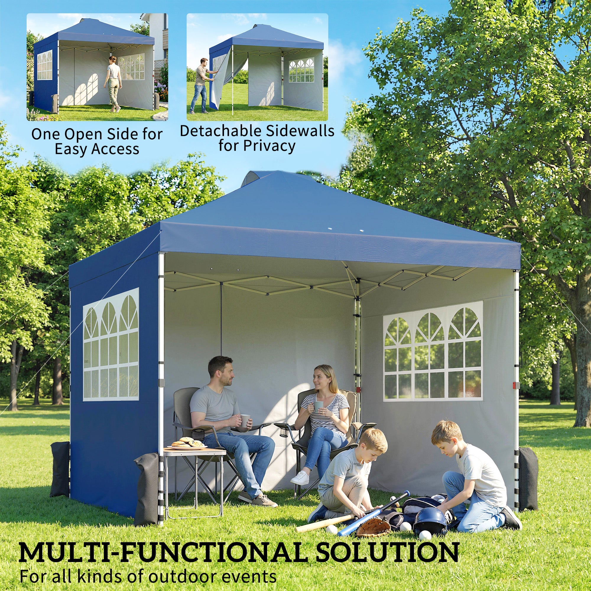 Outsunny Pop Up Gazebo Waterproof Height Adjustable Canopy with 3 Sidewalls Wheeled Bag for Parties 3 x 3 m Dark Blue 