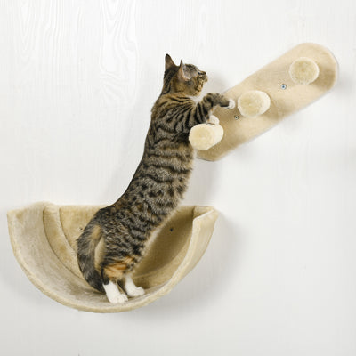 PawHut 4PCs Wall-Mounted Cat Shelves w/ Scratching Post, Hammock, Nest - Beige 