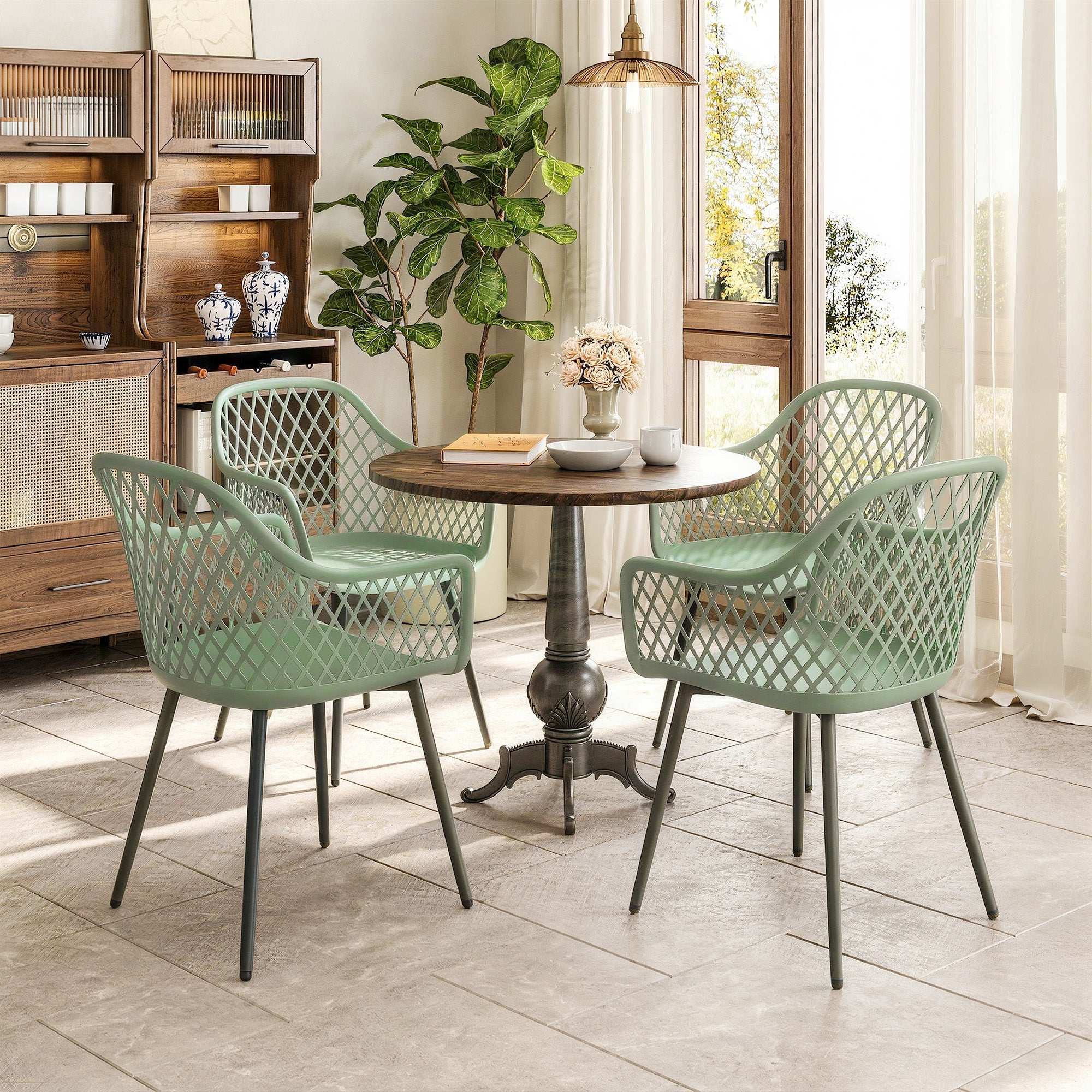 Outsunny Garden Chairs Set of 4, Garden Dining Chairs with Cut Out Diamond Back and Armrests for Patio, Balcony, Terrace, Green 