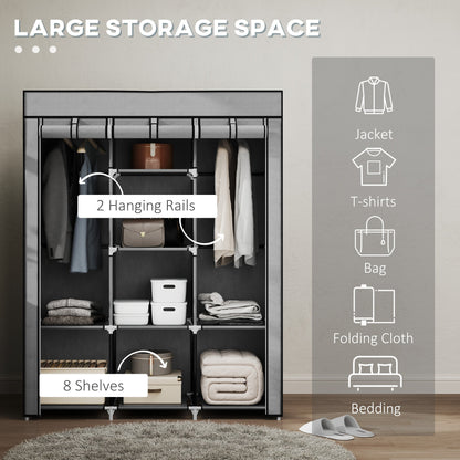 HOMCOM Fabric Wardrobe, Portable Wardrobe, Clothes Storage Unit with 8 Shelves, 2 Hanging Rods, 125 x 43 x 162.5 cm, Light Grey 