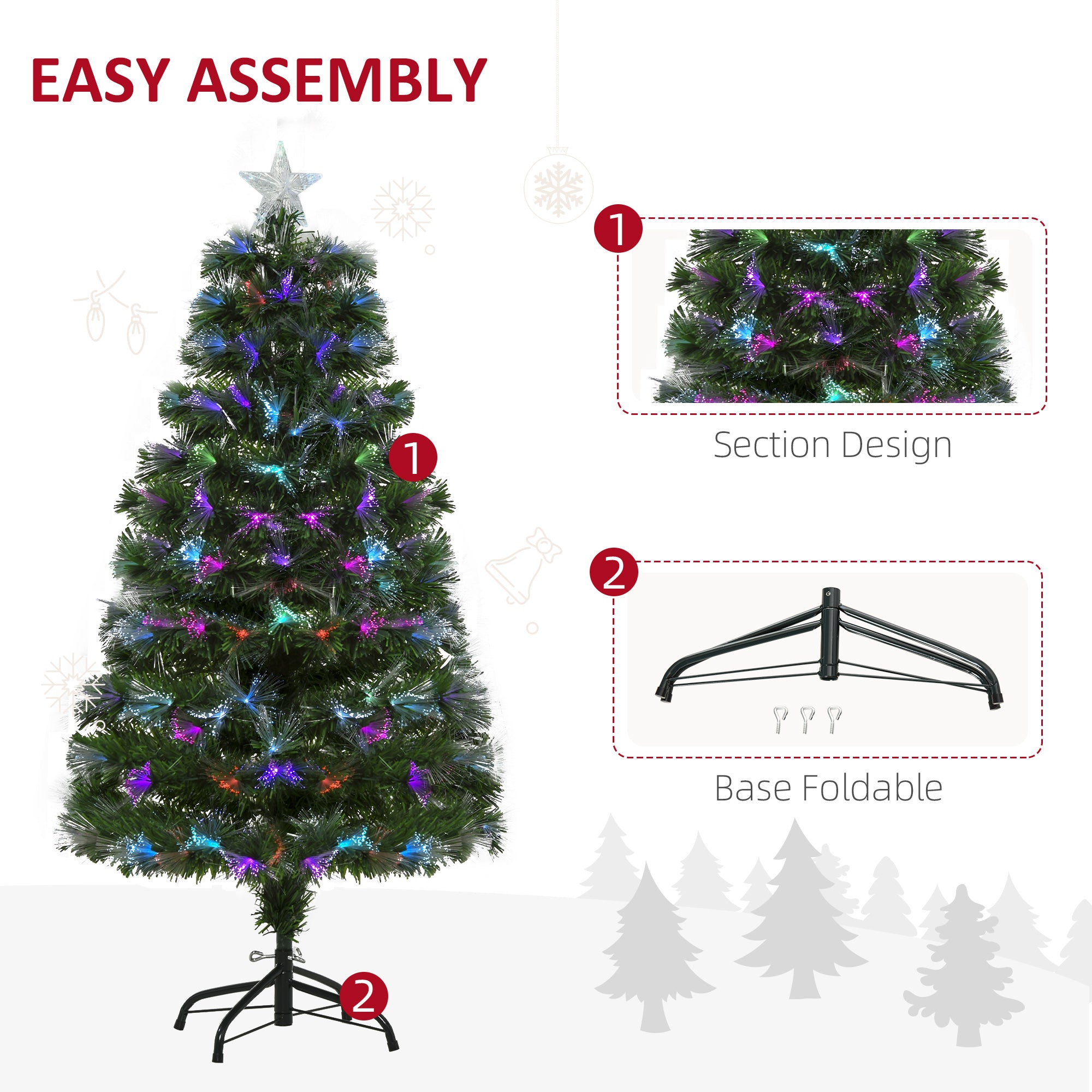 HOMCOM 4FT Multicoloured Artificial Christmas Tree w/ Fibre Optic Lights Pre-Lit Modes Metal Stand Star Holder Home Seasonal Decoration 