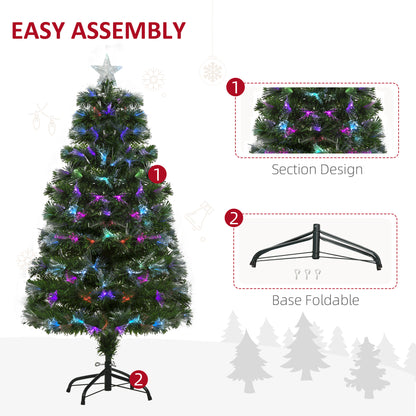 HOMCOM 4FT Multicoloured Artificial Christmas Tree w/ Fibre Optic Lights Pre-Lit Modes Metal Stand Star Holder Home Seasonal Decoration 