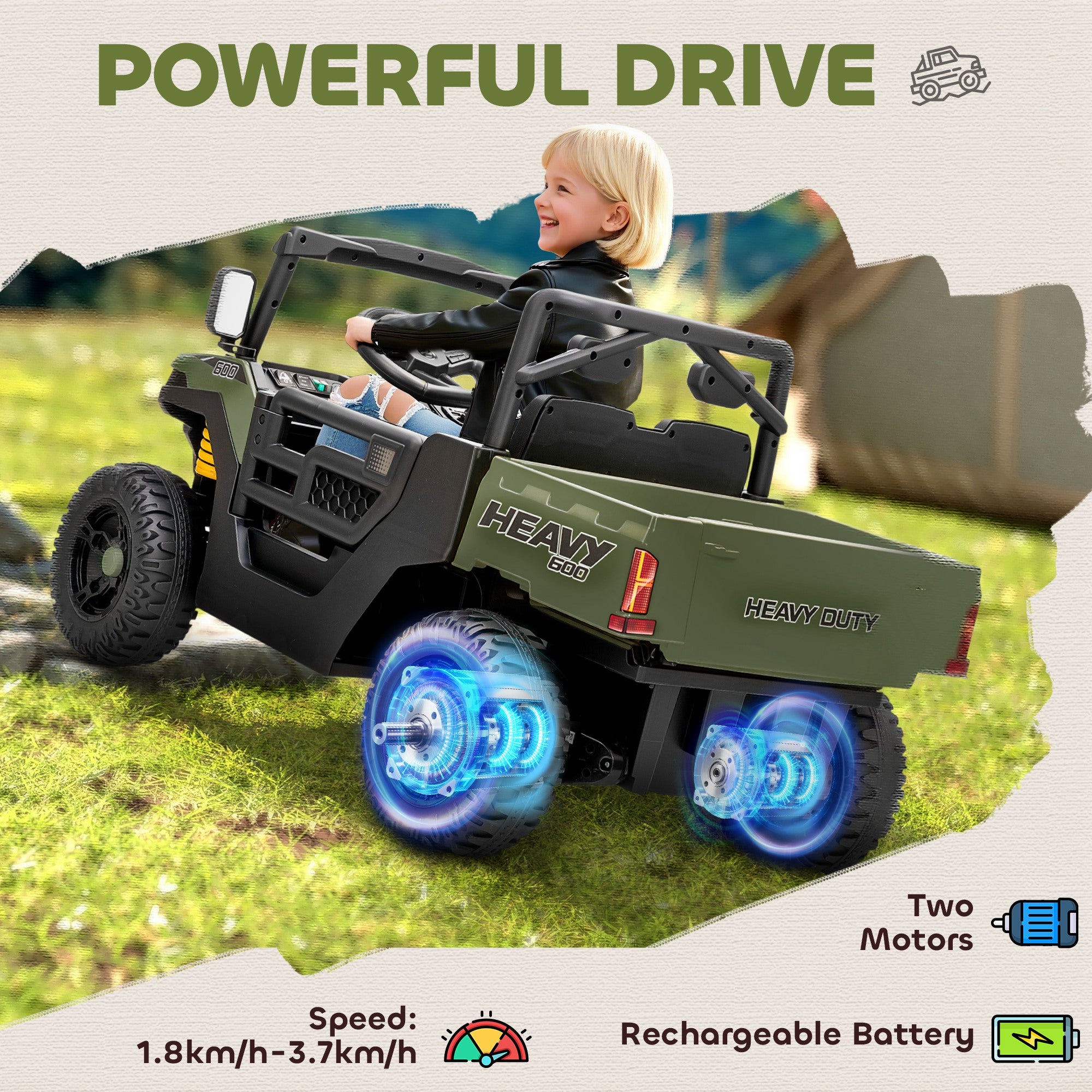 AIYAPLAY Kids Ride on Car, 12V Electric Kids UTV with Electric Dump Bed, 4-Wheel Suspension for 3-8 Years, Green 