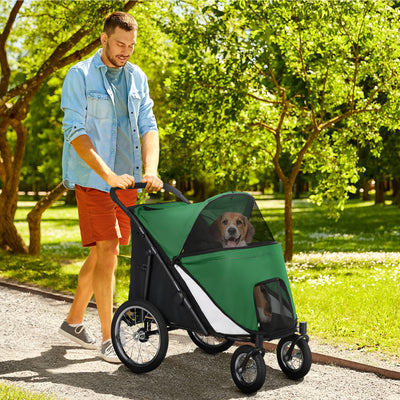 PawHut Foldable Pet Stroller, with Washable Cushion, Storage Bags, Safety Leash, for Medium, Large Dogs, Cats - Green 
