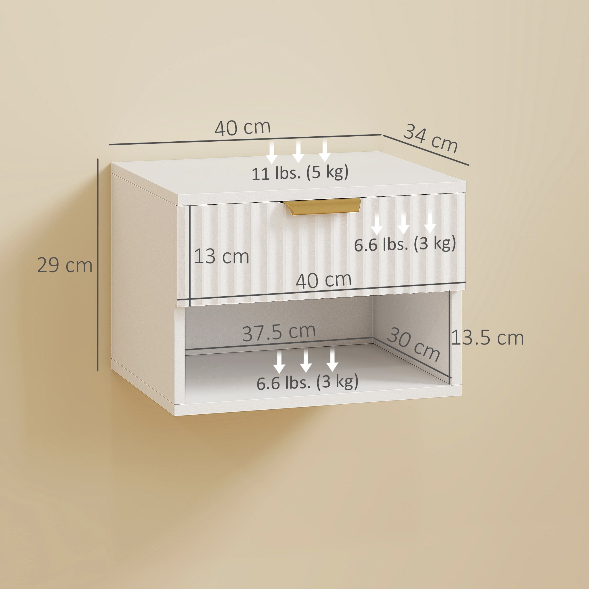 HOMCOM Floating Nightstands Set of 2, Modern Wall Mounted Bedside Tables with Fluted Drawer and Open Shelf for Bedroom, White 