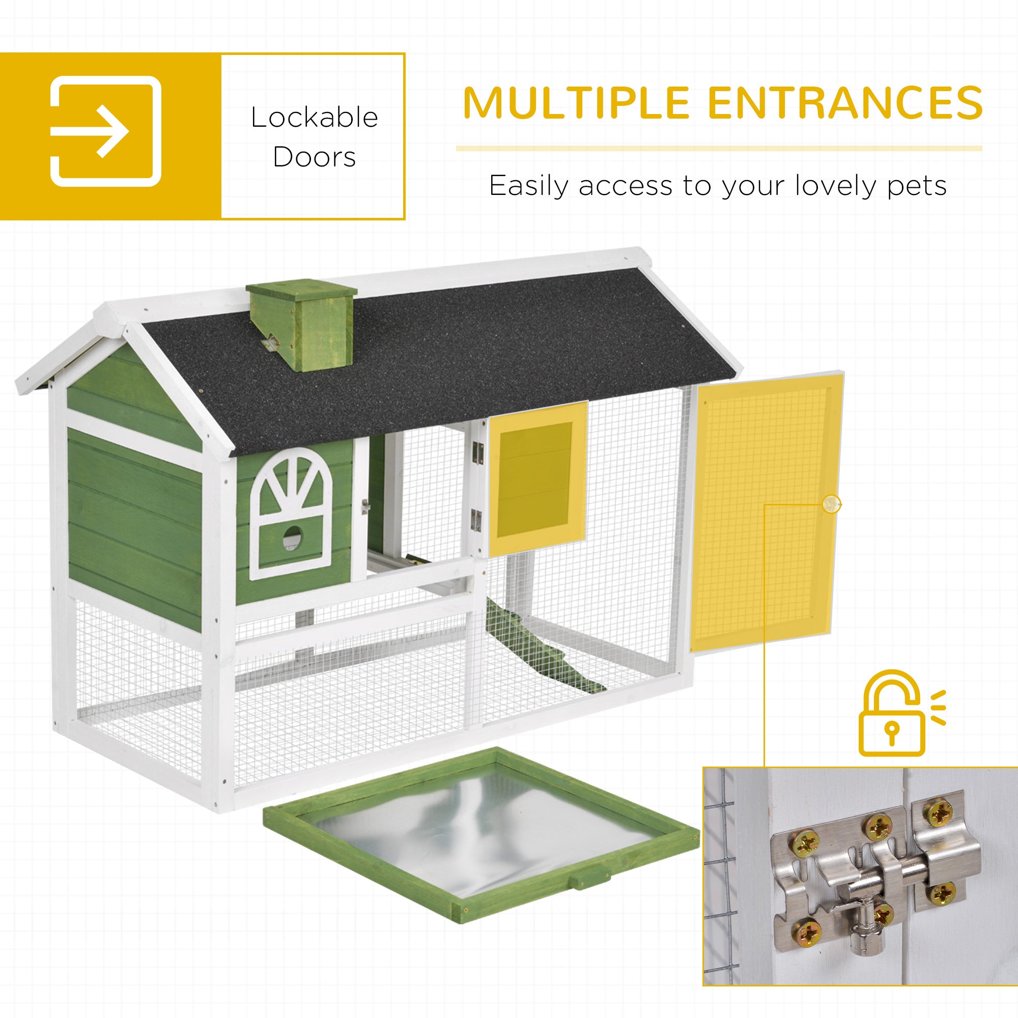 PawHut Wooden Rabbit Hutch and Run with Sliding Tray, Ramp, Water-resistant Roof, for 2-4 Rabbits, Green 