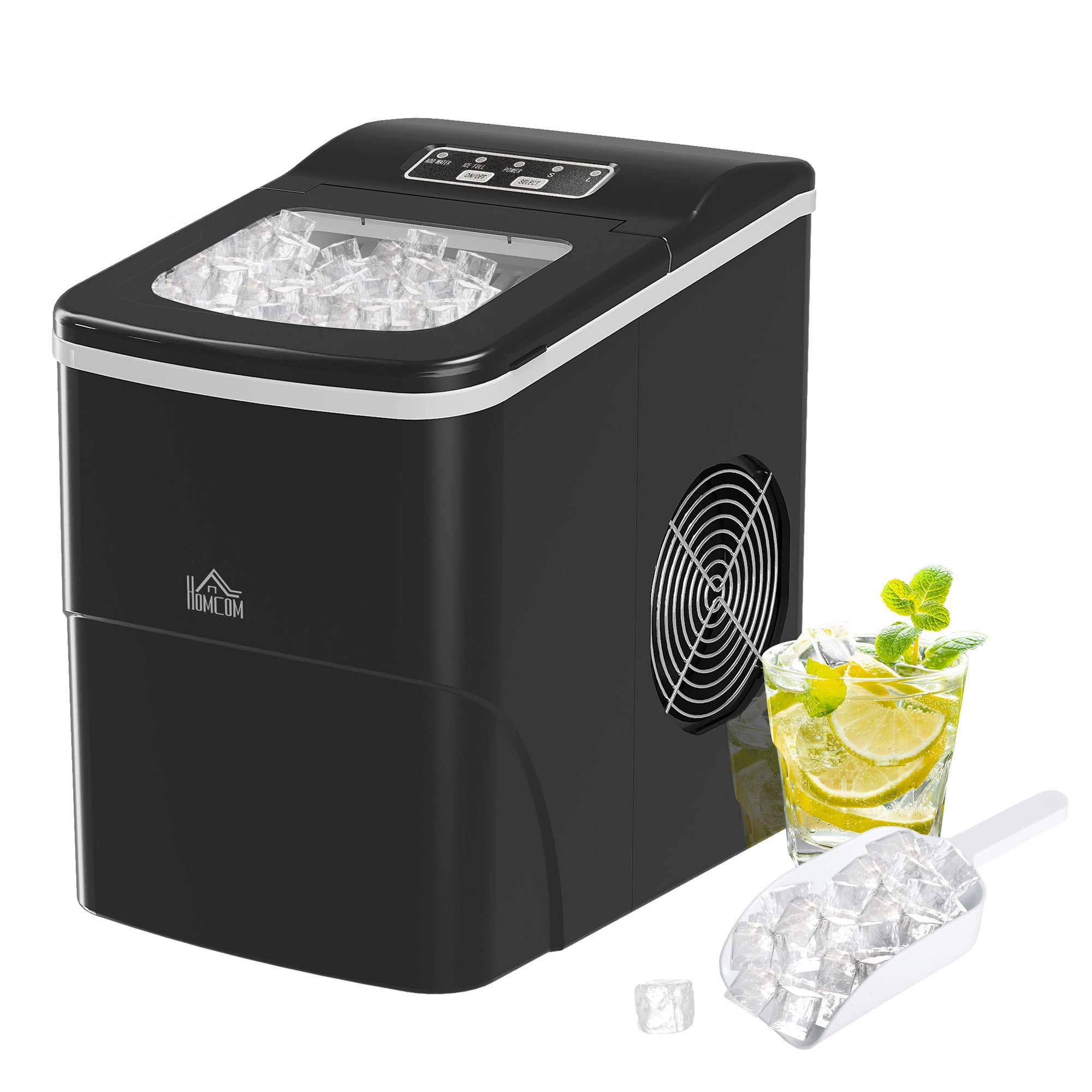 HOMCOM Portable Ice Maker Countertop, Bullet Ice Cube Machine, 9 Ice Cubes per 8 Minutes, Automatic Cleaning, Visible Window Scoop and Basket for Kitchen, Office, Bar, Black 