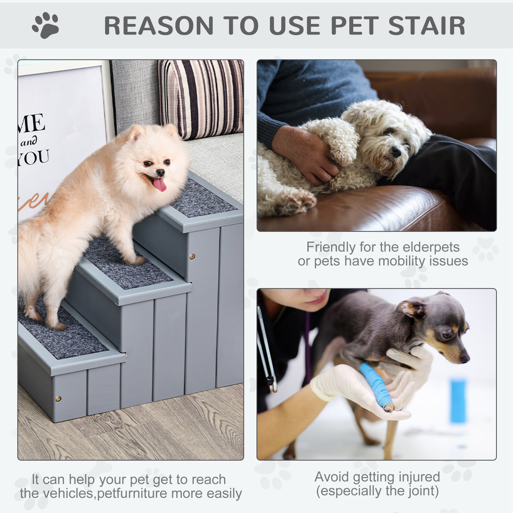 PawHut 3 Step Wooden Dog Steps Pet Stairs for Dogs, Cat Ladder for Bed Couch with Storage Grey 