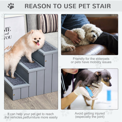 PawHut 3 Step Wooden Dog Steps Pet Stairs for Dogs, Cat Ladder for Bed Couch with Storage Grey 