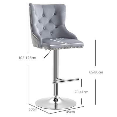 HOMCOM Modern Adjustable Bar Stools Set of 2, Swivel Velvet Barstools with Button Tufted Back, Footrest, Nailhead Trim for Home Bar, Grey 