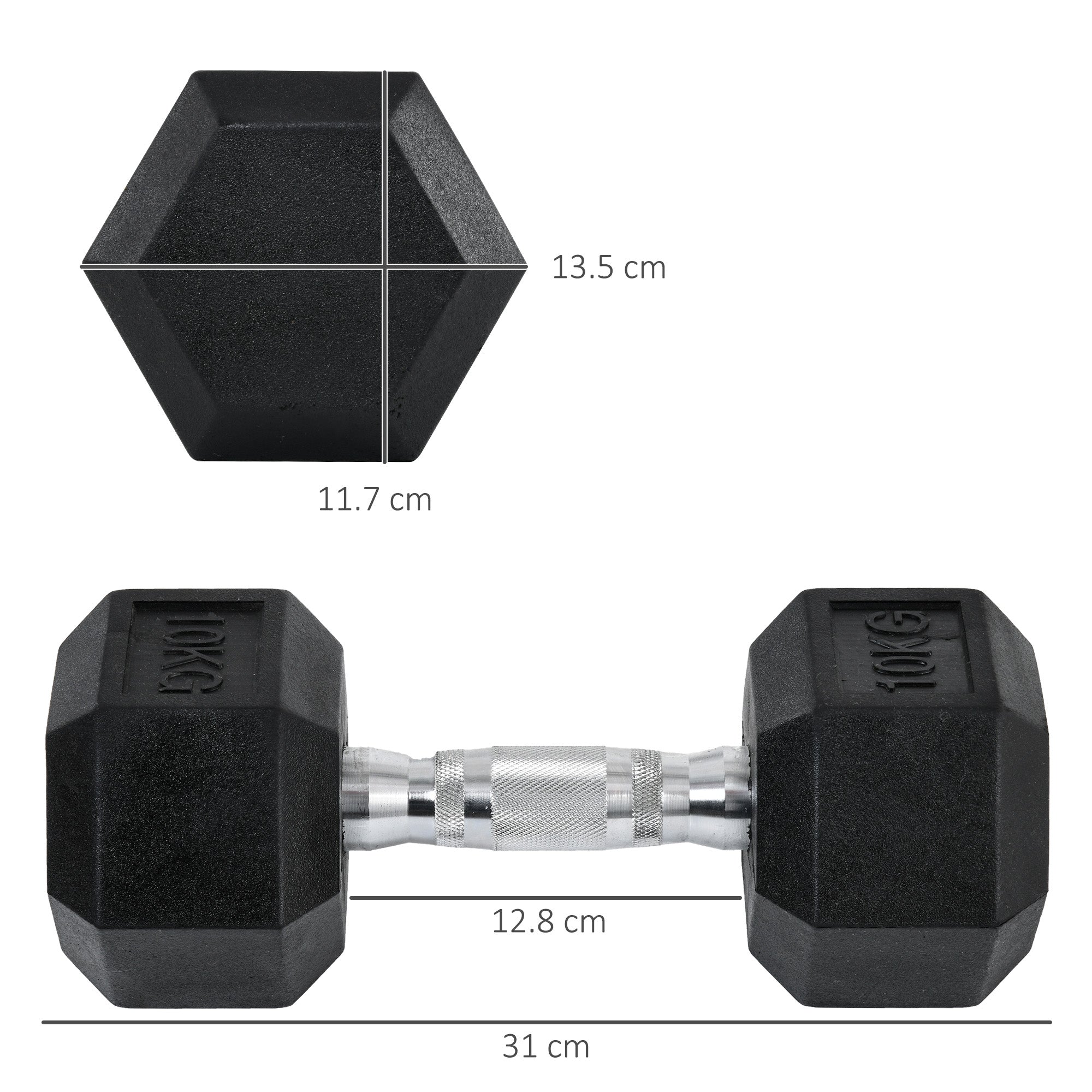 HOMCOM 2x10kg Hex Dumbbells Set Rubber Dumbbells Weight Lifting Equipment Fitness Home Gym 
