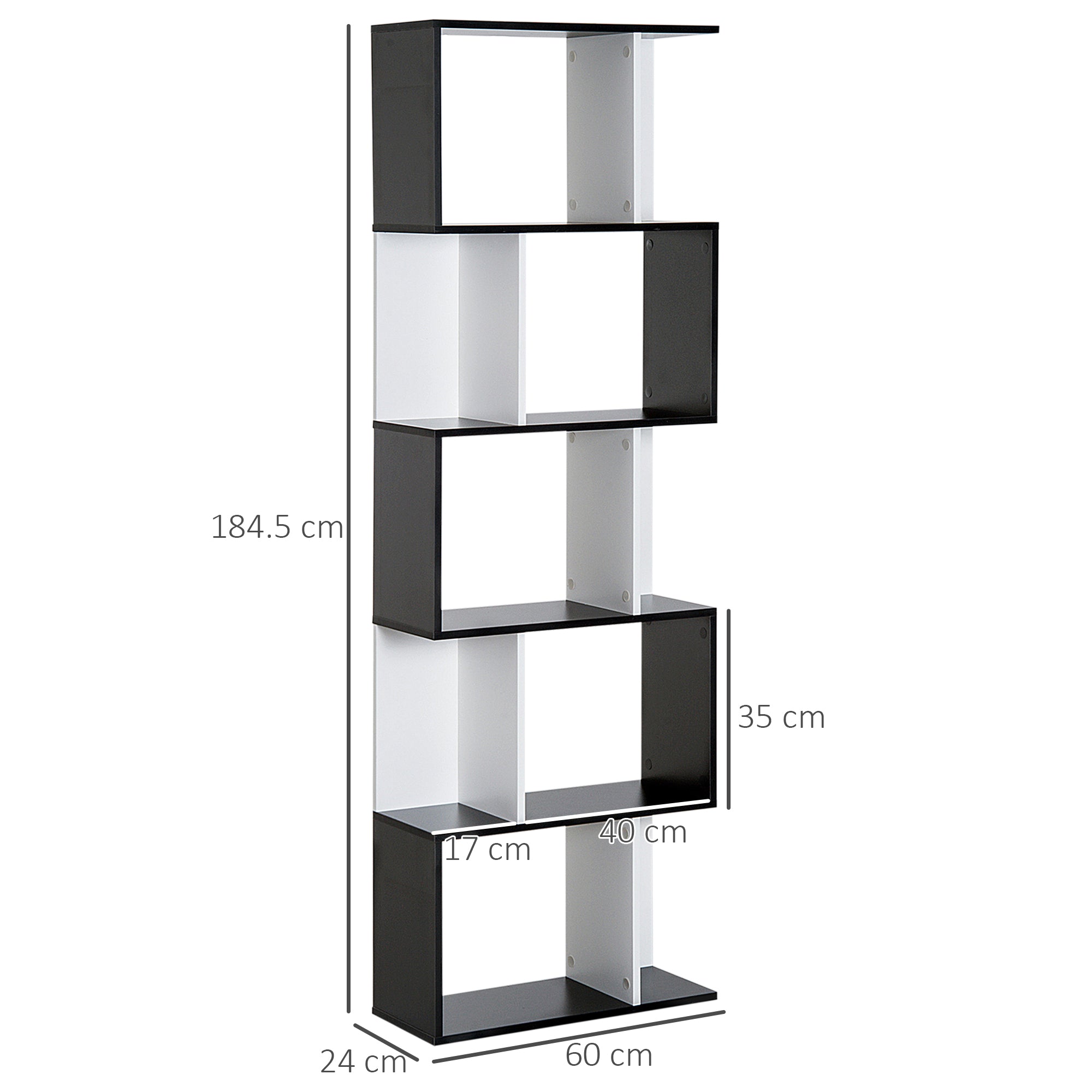 HOMCOM 5-tier Bookcase Storage Display Shelving S Shape design Unit Divider Black 