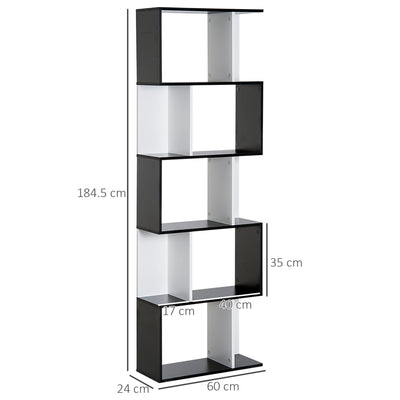 HOMCOM 5-tier Bookcase Storage Display Shelving S Shape design Unit Divider Black 