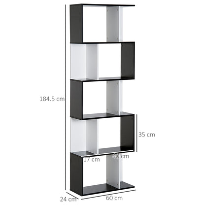 HOMCOM 5-tier Bookcase Storage Display Shelving S Shape design Unit Divider Black 