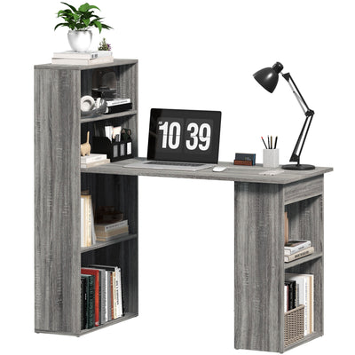 HOMCOM 120cm Modern Computer Desk Bookshelf Study Table Workstation PC Laptop Writing Home Office 6 Shelves, Grey Wood-Effect 