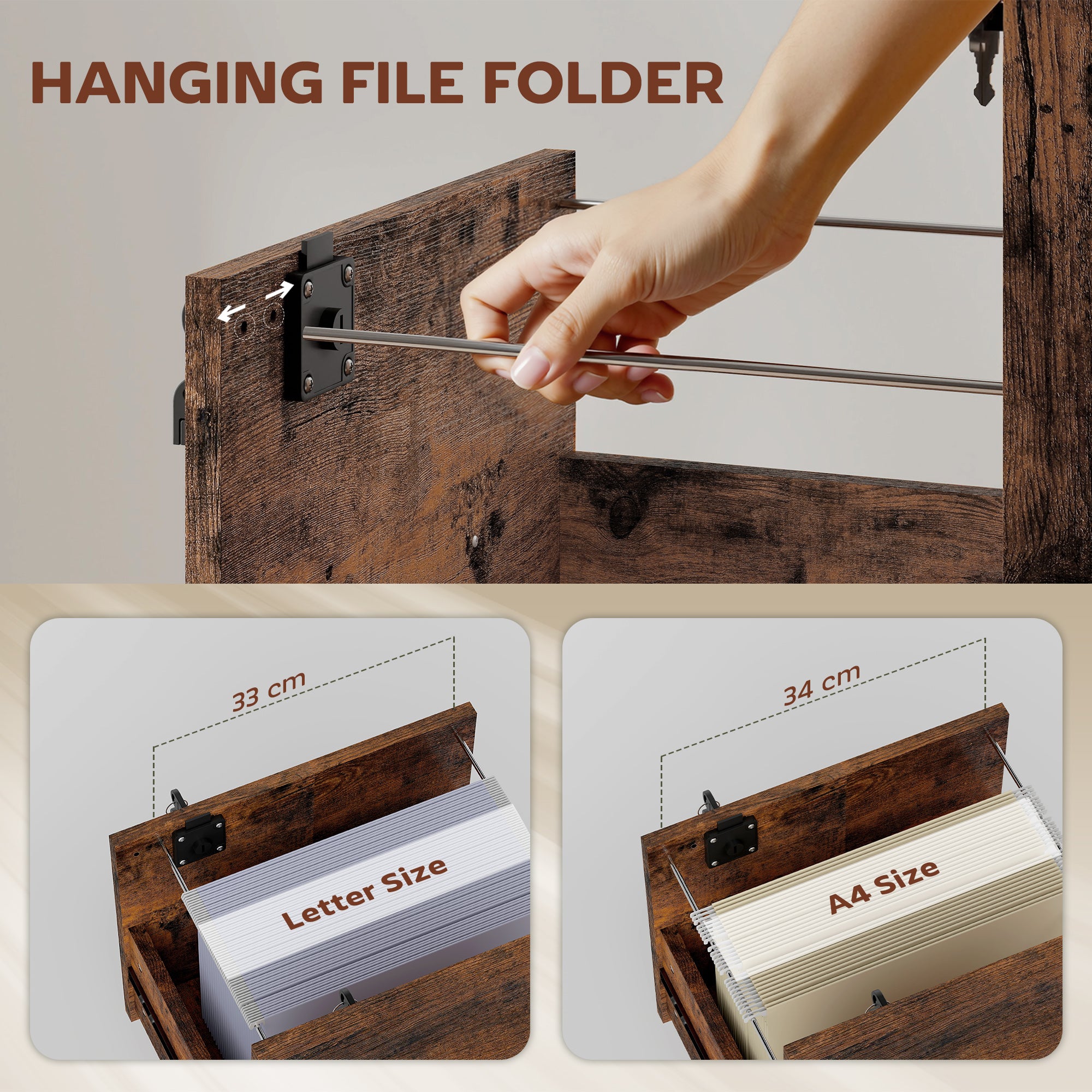 HOMCOM Rolling File Cabinet with 2 Drawers, Mobile Filing Cabinet with Hanging File Folder for Letter Sized Documents, Rustic Brown 