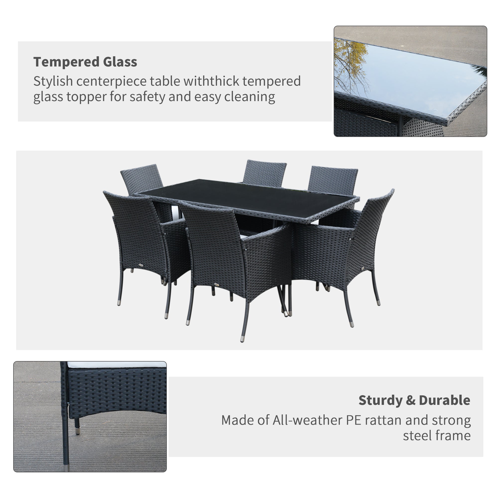 Outsunny 6 Seater Rattan Dining Set with Cushions, Rattan Garden Furniture Set with 6 Armchairs, Rectangular Glass Top Table, Outdoor Dining Table and Chairs, Black 