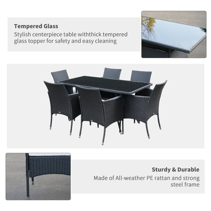Outsunny 6 Seater Rattan Dining Set with Cushions, Rattan Garden Furniture Set with 6 Armchairs, Rectangular Glass Top Table, Outdoor Dining Table and Chairs, Black 