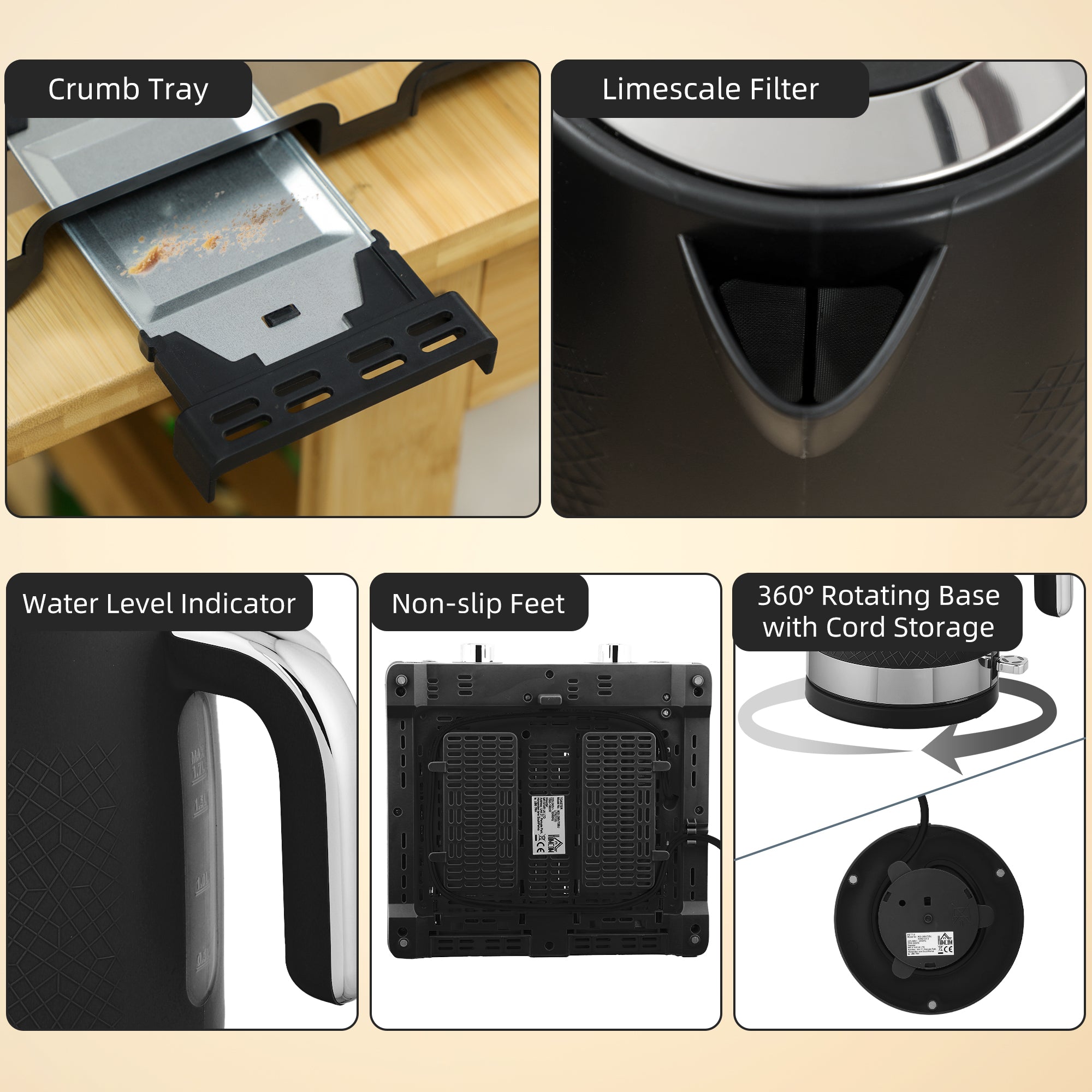HOMCOM Sleek Textured Kettle and Four-Slice Toaster Set - Black 
