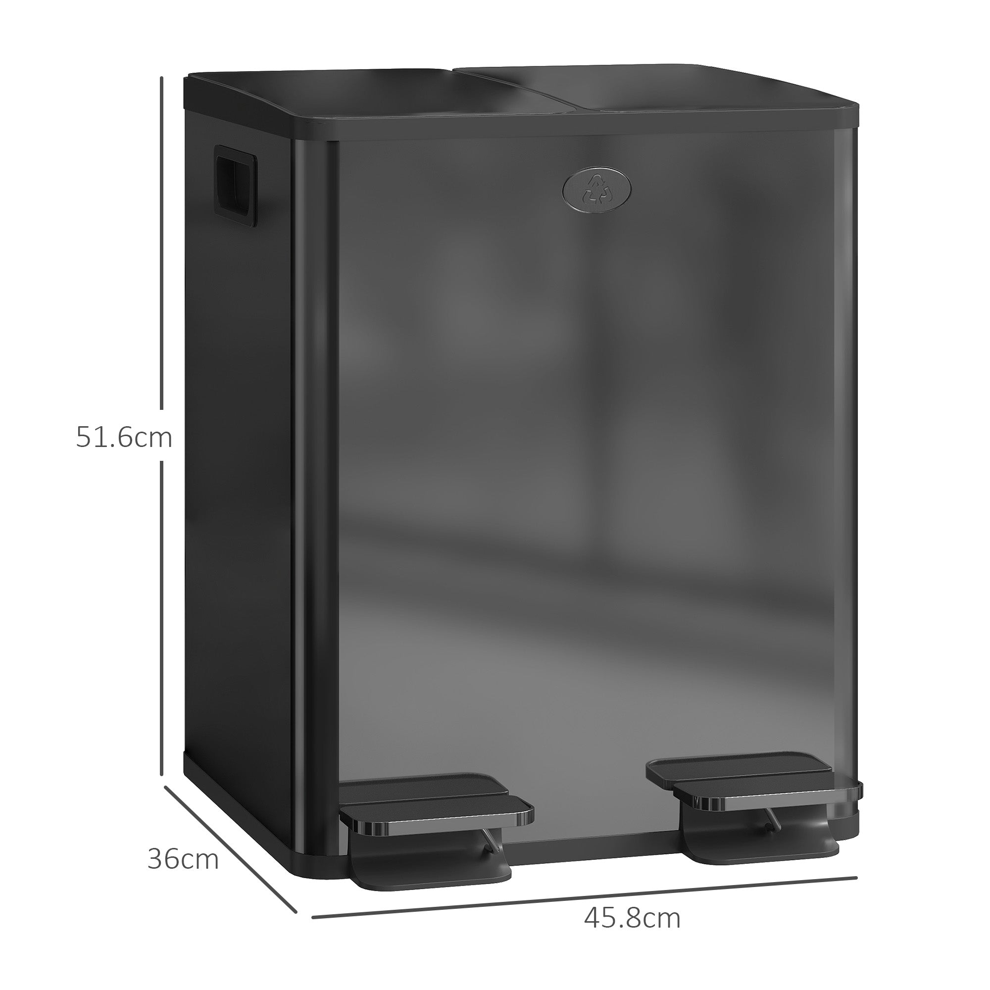 HOMCOM 40L Dual Compartment Stainless Steel Bin, with Deodoriser Holders - Black 