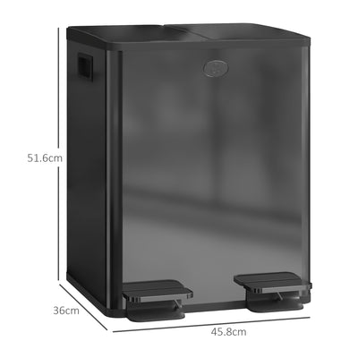 HOMCOM 40L Dual Compartment Stainless Steel Bin, with Deodoriser Holders - Black 
