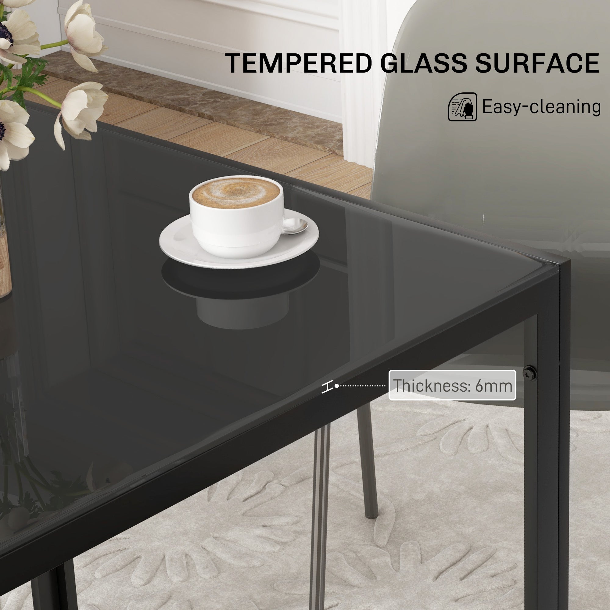 HOMCOM Modern Square Dining Table for 2-4 People, with Glass Top & Metal Legs, Black 
