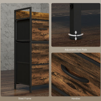 HOMCOM Rustic Chest of Four Fabric Drawers - Rustic Brown 