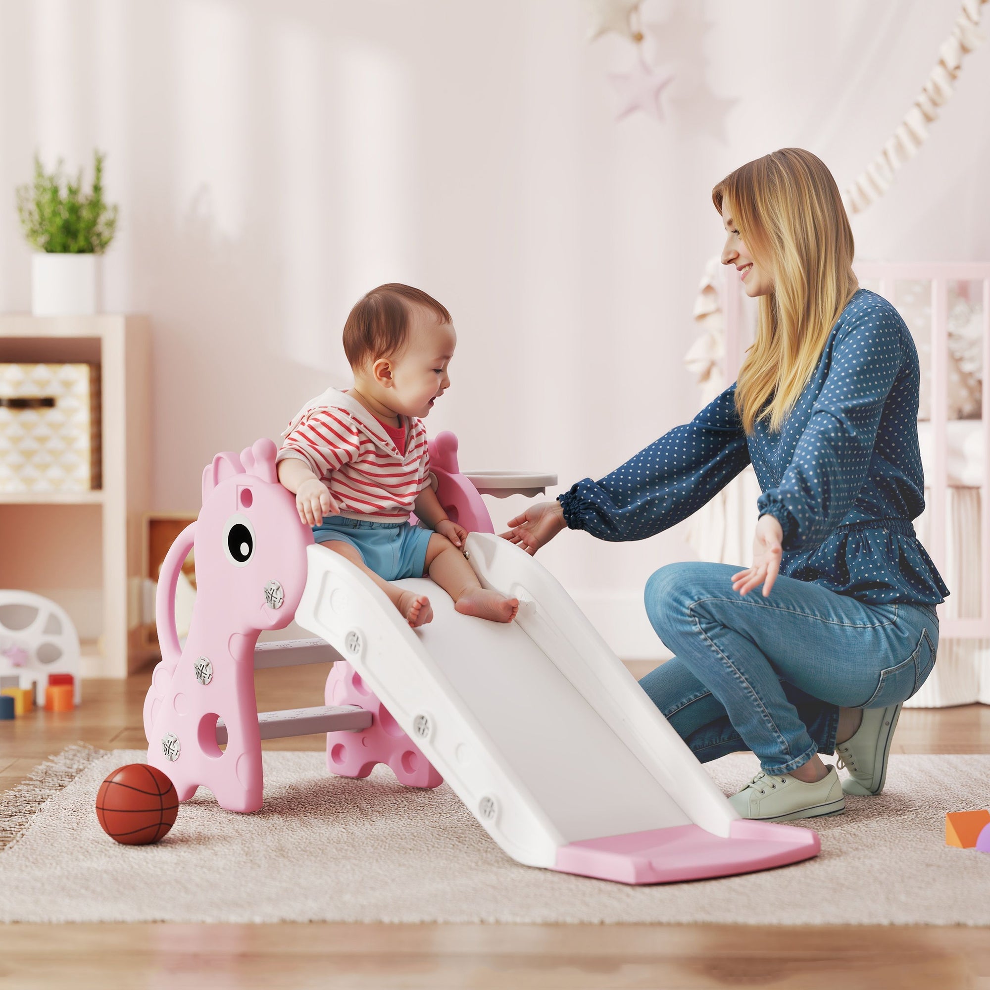 AIYAPLAY 3 in 1 Kids Slide with Climber, Basketball Hoop and Ball, Giraffe Shape Climber Slide for Indoor Kids Age 1-3, Pink 
