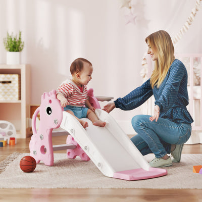 AIYAPLAY 3 in 1 Kids Slide with Climber, Basketball Hoop and Ball, Giraffe Shape Climber Slide for Indoor Kids Age 1-3, Pink 