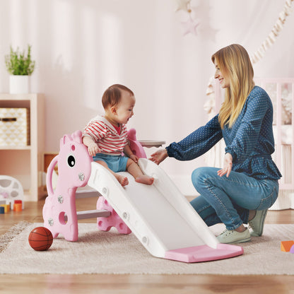 AIYAPLAY 3 in 1 Kids Slide with Climber, Basketball Hoop and Ball, Giraffe Shape Climber Slide for Indoor Kids Age 1-3, Pink 