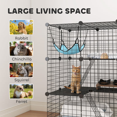 PawHut Indoor Cat Cage DIY Customizable 3-Tier Indoor Cat Enclosure with 3 Doors and Hammock 105 cm Black 