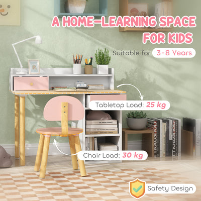 AIYAPLAY 2 Pieces Children Study Table with Hutch, Kids Desk and Chair Set with Storage Drawer, Shelves - Pink 