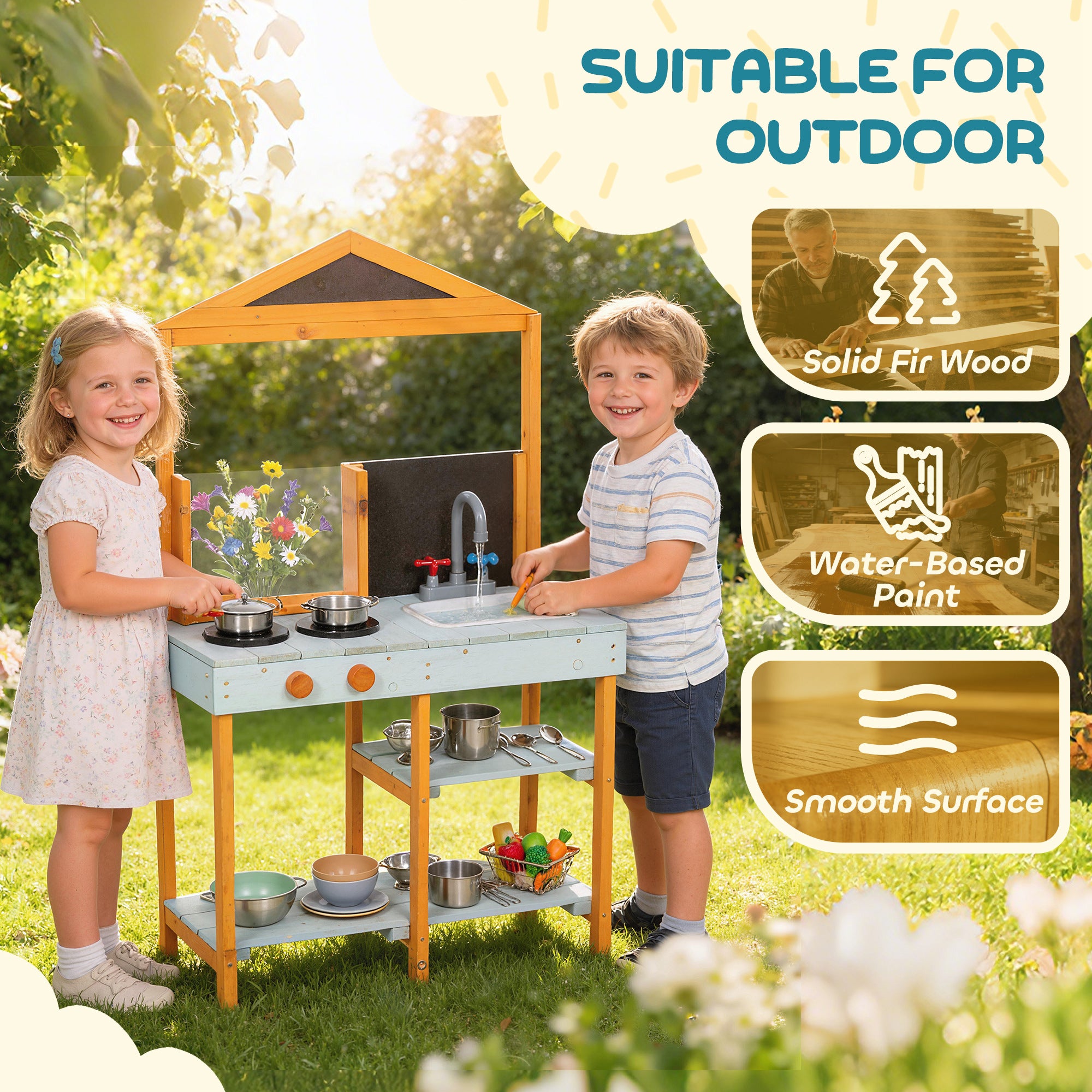 AIYAPLAY Mud Kitchen for Kids, Outdoor Wooden Play Kitchen with Sink, Stove, Cookware, Shelves, Pretend Play Toy for Ages 3-8 