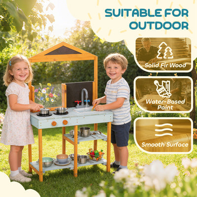 AIYAPLAY Mud Kitchen for Kids, Outdoor Wooden Play Kitchen with Sink, Stove, Cookware, Shelves, Pretend Play Toy for Ages 3-8 