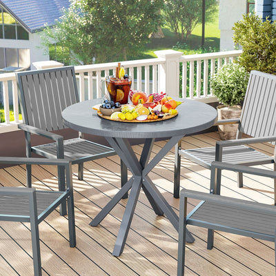 Outsunny Garden Table, 85cm Round Outdoor Dining Table with Steel Frame, Wood Effect Top, for Balcony, Deck, Dark Grey 