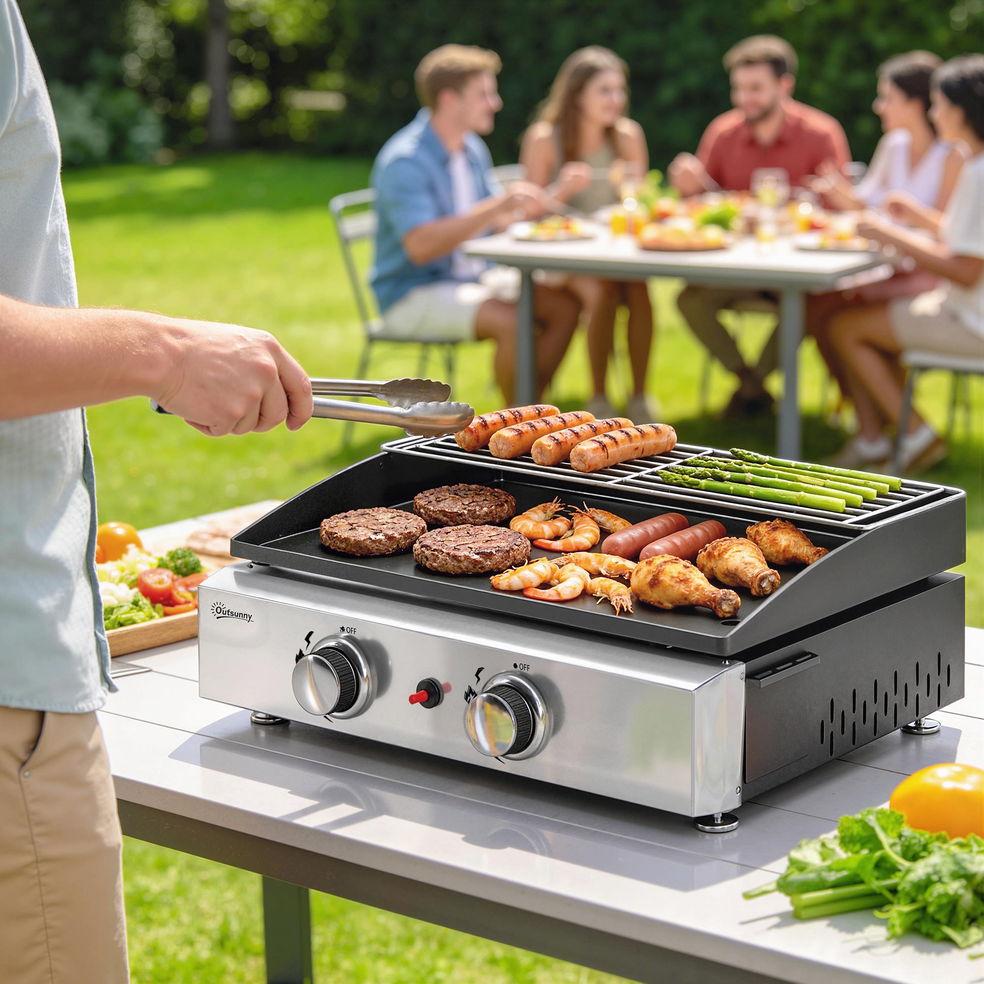 Outsunny 2 Burner Grill Griddle, Portable Gas Plancha with Warming Rack, 5 kW, Tabletop Gas BBQ with Grease Cup, Black 