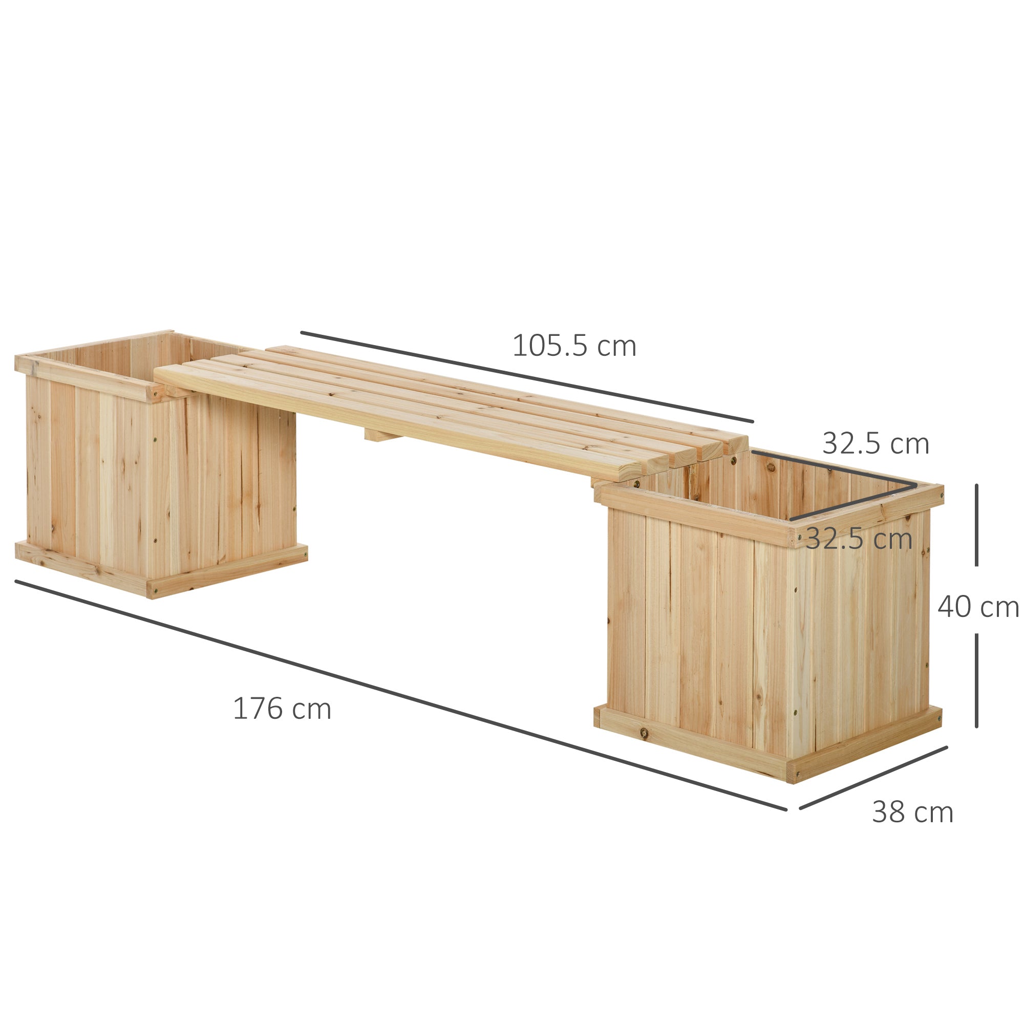 Outsunny 37L Wooden Garden Planter & Bench Combination Garden Raised Bed Patio Park Natural 176 x 38 x 40 cm 