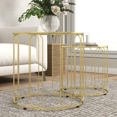 HOMCOM Round Coffee Table Set of 2, Glass Nest of Tables with Metal Frame and Tempered Glass Tabletop, Modern Side Tables for Living Room, Gold Tone 