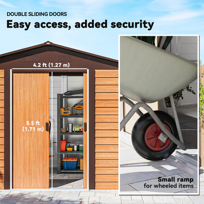 Outsunny 9 x 6ft Galvanised Steel Shed - Brown Wood-Effect 