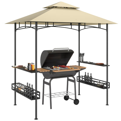 Outsunny 8' x 5' Grill Gazebo Canopy, Double Tiered Outdoor BBQ Gazebo Shelter with 2 Side Shelves, Storage Baskets, Hook for Garden, Patio, Barbecue, Picnic, Beige 