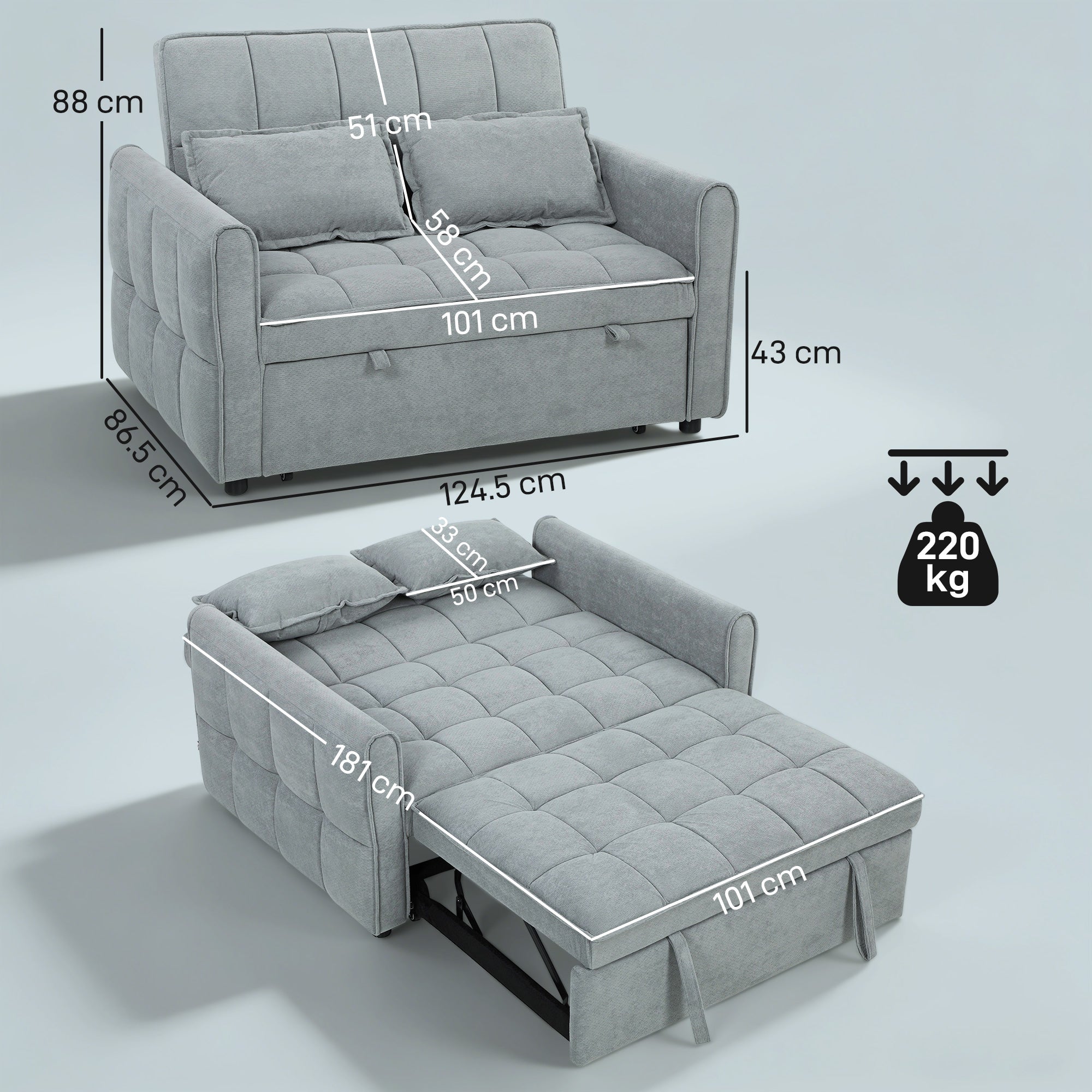 HOMCOM 2 Seater Sofa Bed, 3-in-1 Convertible Sleeper Sofa with Click-clack Adjustable Backrest and 2 Pillows, Grey 