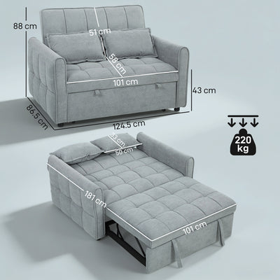 HOMCOM 2 Seater Sofa Bed, 3-in-1 Convertible Sleeper Sofa with Click-clack Adjustable Backrest and 2 Pillows, Grey 