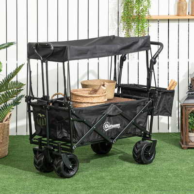 Outsunny Folding Trolley Cart Storage Wagon Beach Trailer 4 Wheels with Handle Overhead Canopy Cart Push Pull for Camping, Black 
