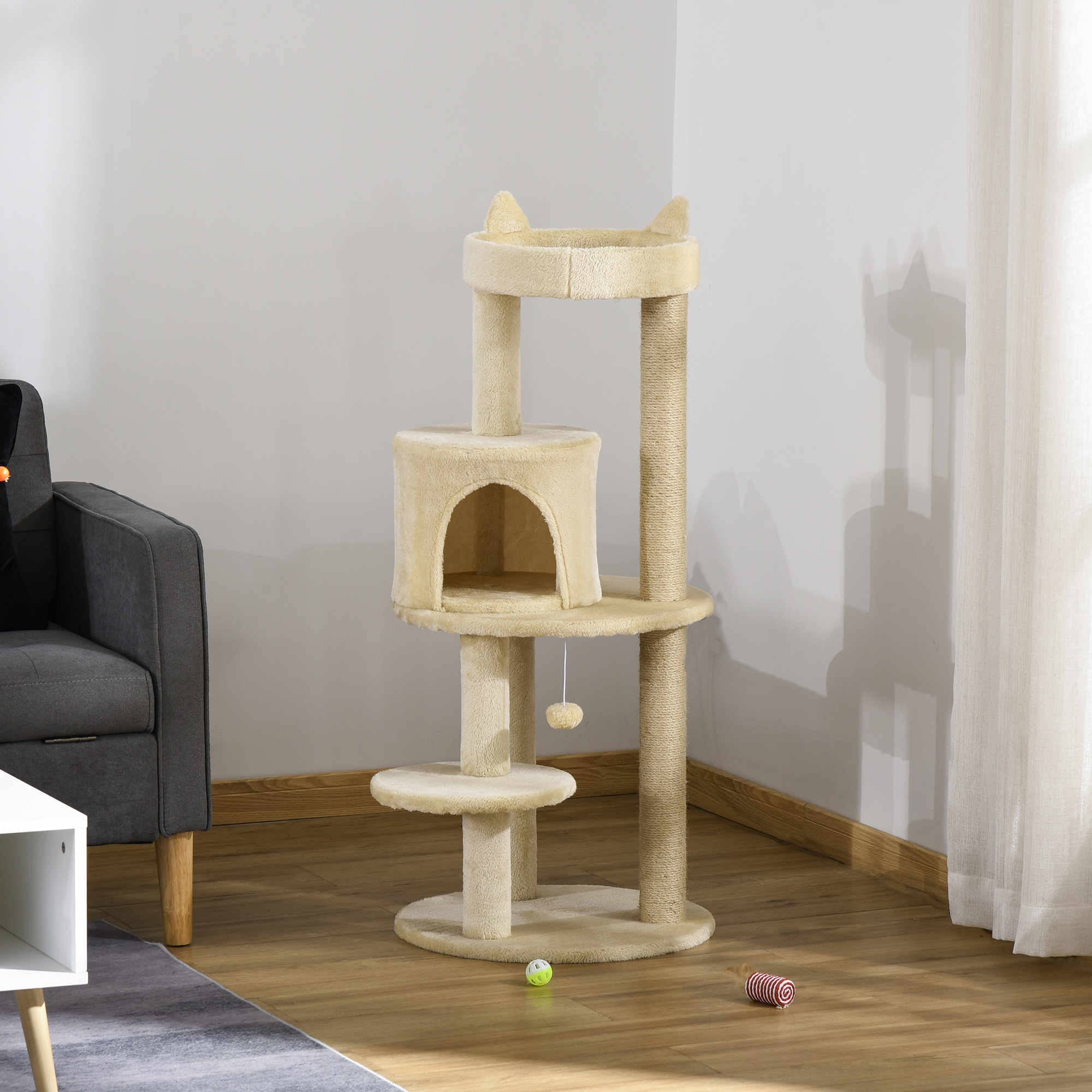 PawHut 104 cm Cat Tree, Cat Condo Tree Tower, Cat Activity Centre with Scratching Posts, Plush Perch, Hanging Ball - Cream White 